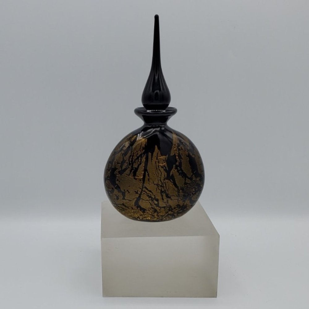 Unique Hand Made Blown Black and Gold Perfume Bottle with Stopper